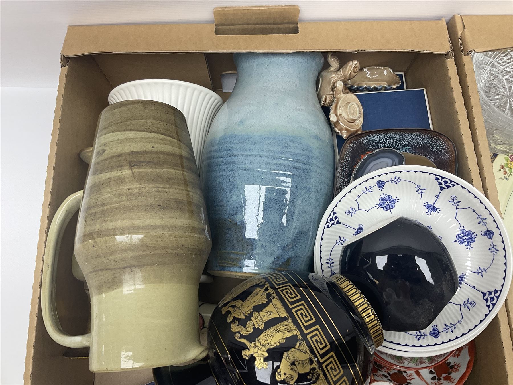 Masons and Furnival Denmark pattern blue and white tea wares, together with a Royal Worcester trinket box, Leedsware bowl and other ceramics and glassware, in four boxes