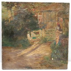 French School (Early 20th century): 'Camille at the Gate', oil on canvas indistinctly signed, information verso 46cm x 46cm