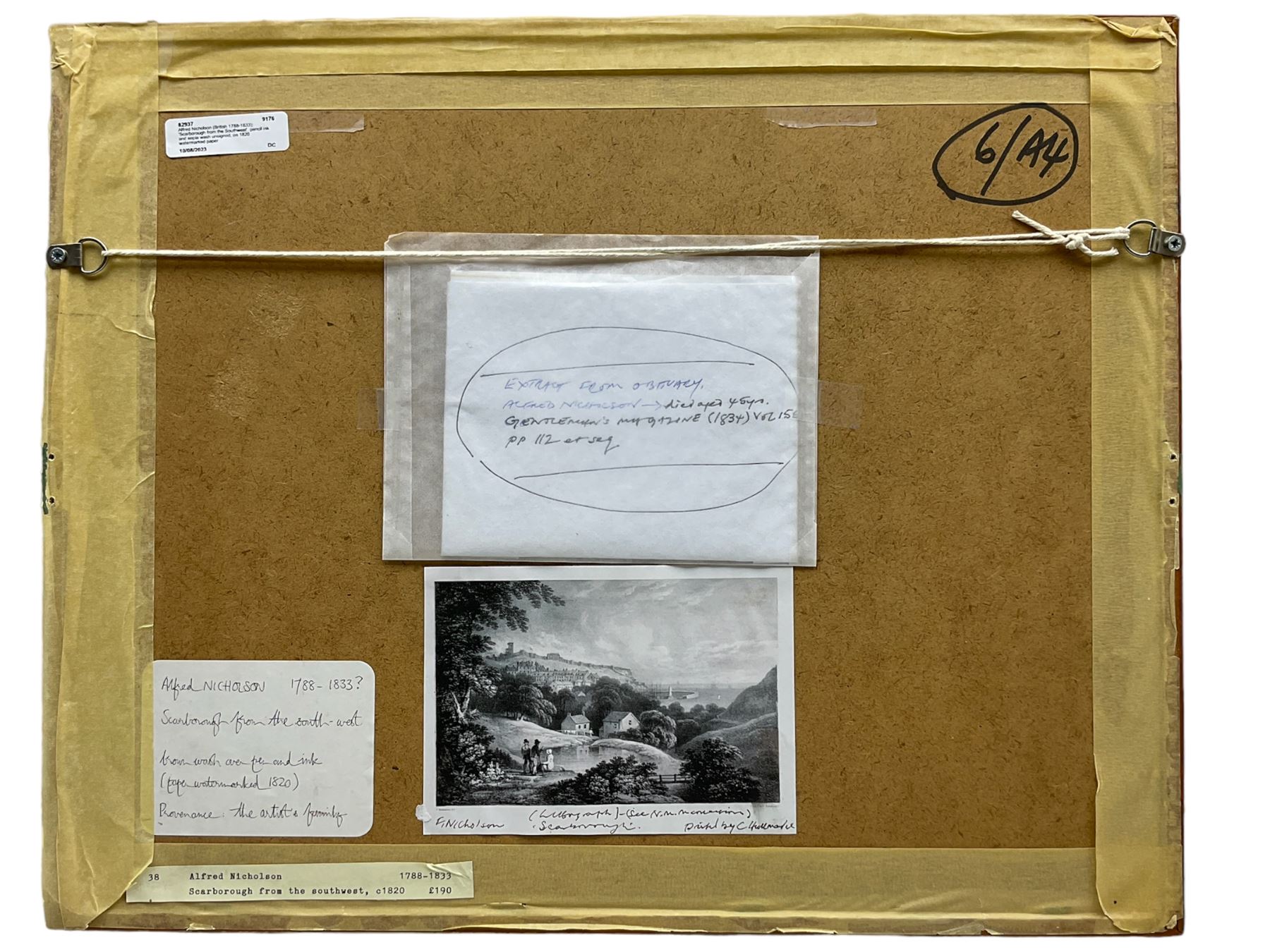 Alfred Nicholson (British 1788-1833): 'Scarborough from the Southwest', pencil ink and sepia wash unsigned, on 1820 watermarked paper 
Provenance: private local collection, purchased Woolley & Wallis 28th September 2011 Lot 128; by descent through the artist's family. 
Literature: illus. G H Bell, ed. (2012) 'Francis Nicholson (1753-1844) Painter, Printmaker and Drawing Master', Blackthorn Press, p.32 
Notes: the present picture is after a lithograph by the artist's father, Francis Nicholson, printed by Charles Joseph Hullmandel (1789-1850) pub. Rodwell and Martin, London 1822; illus. G H Bell (2012) 'Francis Nicholson, Lithographs and Engravings of Georgian Britain', Blackthorn Press, plate 24