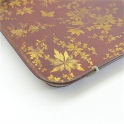 Early 19th century red lacquered papier-mâché tray by Clay of King Street Covent Garden, of rounded rectangular form, painted in gilt with large foliate sprays and butterflies, impressed verso CLAY KING ST COVENT GARDEN, W66.5cm D48.5cm