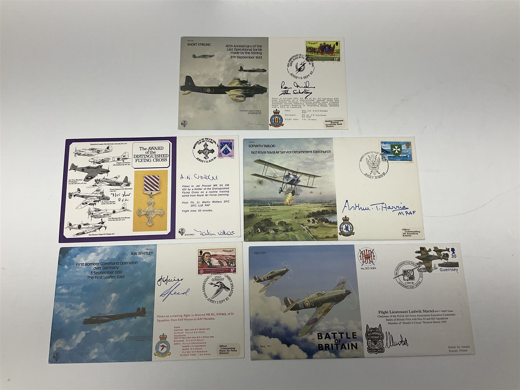First Day Covers - approx. one hundred flying related and other military FDCs 1970s-2000s, mainly WW2 interest and bearing signatures; British, Channel Islands, Continental, Australia etc; signatures include Vera Lynn, J.H. Lacey, 'Johnnie' Johnson, Barnes Wallis, Bill Reid VC, various other gallantry medal winners, Dam Busters, Battle of Britain, Terence Otway, Leonard Cheshire, Stanford Tuck etc; loose and in a Benham album