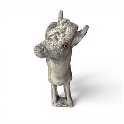 Pair of cast stone garden deer in a weathered finish with two loose antlers