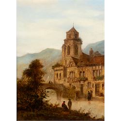 Felice Auguste Rezia (Italian 1835-1907): Stone Tower on a Lake and Church Overlooking a River - Northern Italy, pair of oils on canvas signed and dated 1902 max 40cm x 29.5cm (2)