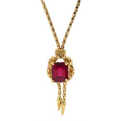 18ct gold red paste stone set tassel necklace, stamped 750
