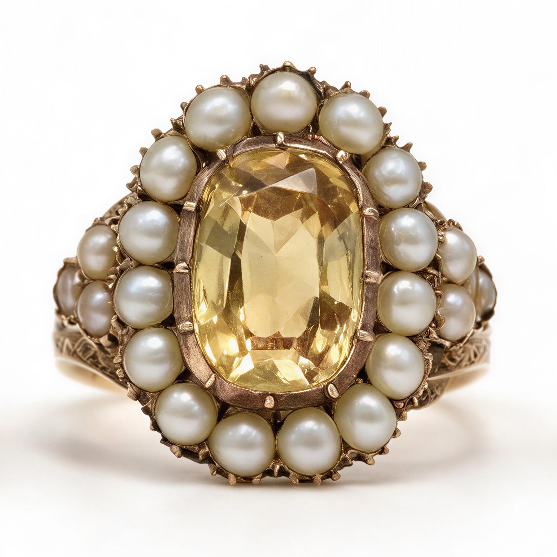 Georgian gold yellow topaz (possibly imperial) and split pearl cluster ring, collect set with a single oval cut foiled back topaz, surrounded by fifteen pearls and pearl set scroll engraved trefoil shoulders