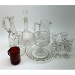 Two early nineteenth century drinking glasses with part fluted bowls and knopped stems, a ruby flashed beaker inscribed Think of me, other Victorian and Edwardian glassware, etc. (13). 