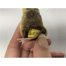 Group of Steiff figures, comprising Mikki and Mukki, circa 1950s no 7628/12 and 7627/12, with original tags, two hedgehogs no 1570/10, and another smaller 1670/03, small owl no 7480/06, and painted metal Steiff harlequin style bear