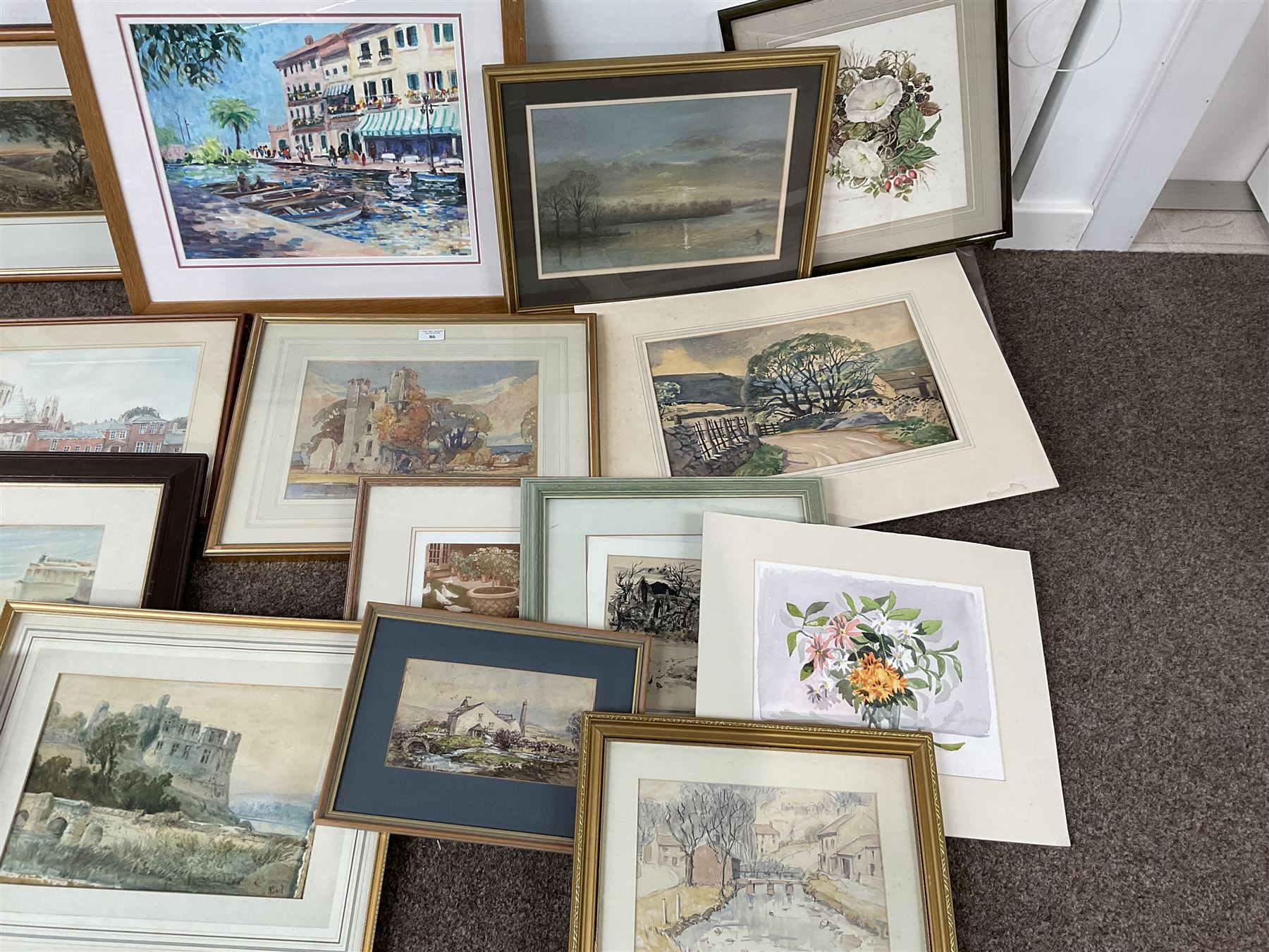 Collection of original watercolours with local interest and an oil to include Richard White, Bobbie Simmons, Marmaduke Miller, D England and Peggy Pountain in one box (approx. 21)