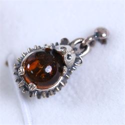Pair of silver amber hedgehog pendant earrings, boxed