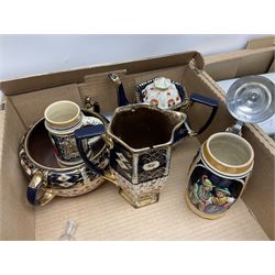 Denby Greenwheat pattern dinner wares, together with Royal Doulton Tumbling Leaves pattern tea and dinner wares, Royal commemorative ceramics including Wedgwood Jasperware table lighter, pair of Victorian glass hand painted vases, large blue and white urn with lid, Noritake part tea set, Staffordshire style dog and other ceramics and collectables, in boxes