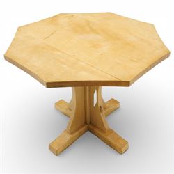 Mouseman - unusual adzed light sycamore wood octagonal dining table of small proportions, the adzed top with chamfered edge, on quadriform base with carved mouse signature, by the workshop of Robert Thompson of Kilburn