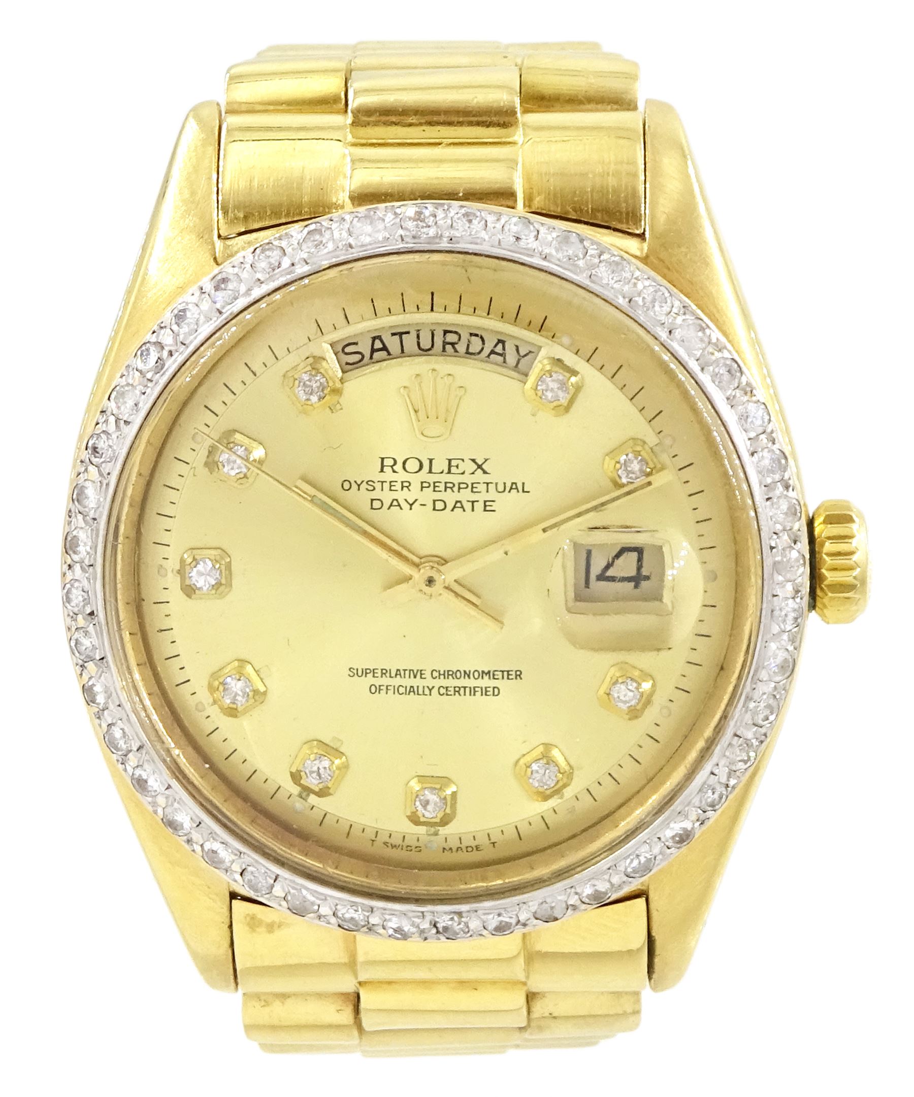 Rolex Oyster Perpetual Day-Date gentleman's 18ct gold automatic wristwatch, circa 1970, Ref. 1803, serial No. 2492514, champagne dial with after market diamond dot hour markers and diamond set bezel, on 18ct gold President bracelet, with fold-over clasp, boxed