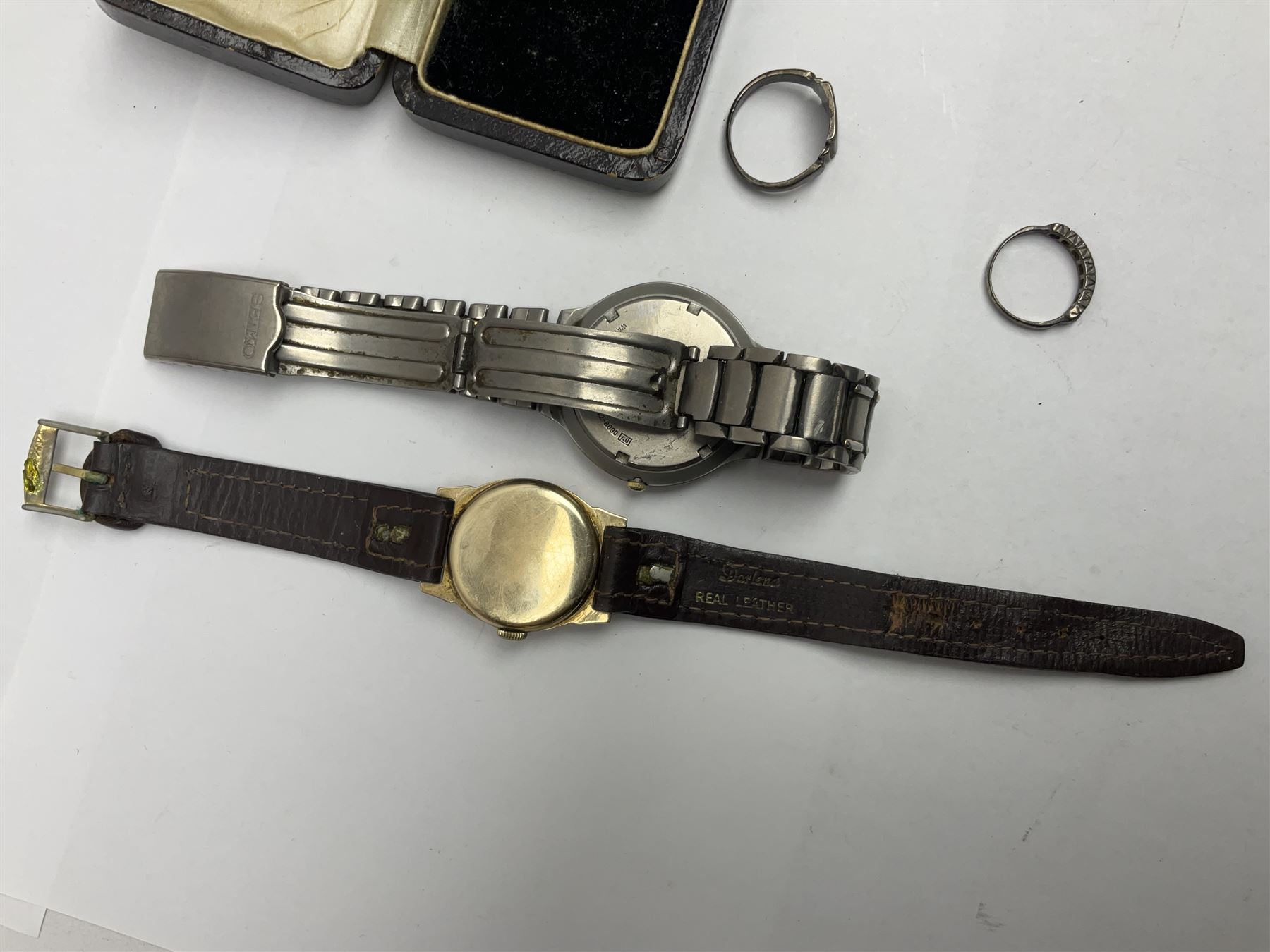 Early 20th century 9ct gold wristwatch Chester 1929, silver gilt ring, Seiko watch and other costume jewellery