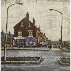 Stuart Walton (Northern British 1933-): Terraced Street Leeds, oil on board unsigned dated Nov. 74 - the reverse mounted with a canvas 'York Road Leeds' dated Sept. 74, 59cm x 59cm