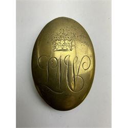 George III the Loyal Macclesfield Volunteer Infantry shoulder belt plate, of convex oval form, the obverse engraved with a crown over entwined initials LMV, the reverse with a single hook and fixing studs, H9cm, W6cm