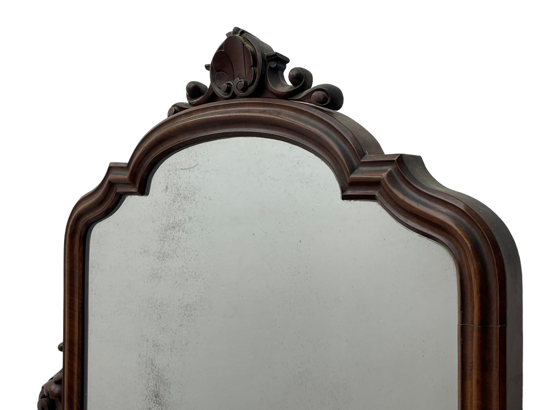 Victorian figured mahogany two-piece bedroom set - the washstand with white and black marble moulded top with arched back and raised shelf, two moulded frieze drawers, on turned and fluted supports with brass and ceramic castors (W123cm, D60cm, H102cm); the dressing table with raised swing mirror in moulded frame with shell and scroll carved pediment, on scrolled horns carved with foliage, four raised trinket drawers over moulded rectangular top, fitted with two drawers, on turned and fluted supports with brass and ceramic castors (W122cm, H177cm, D62cm)