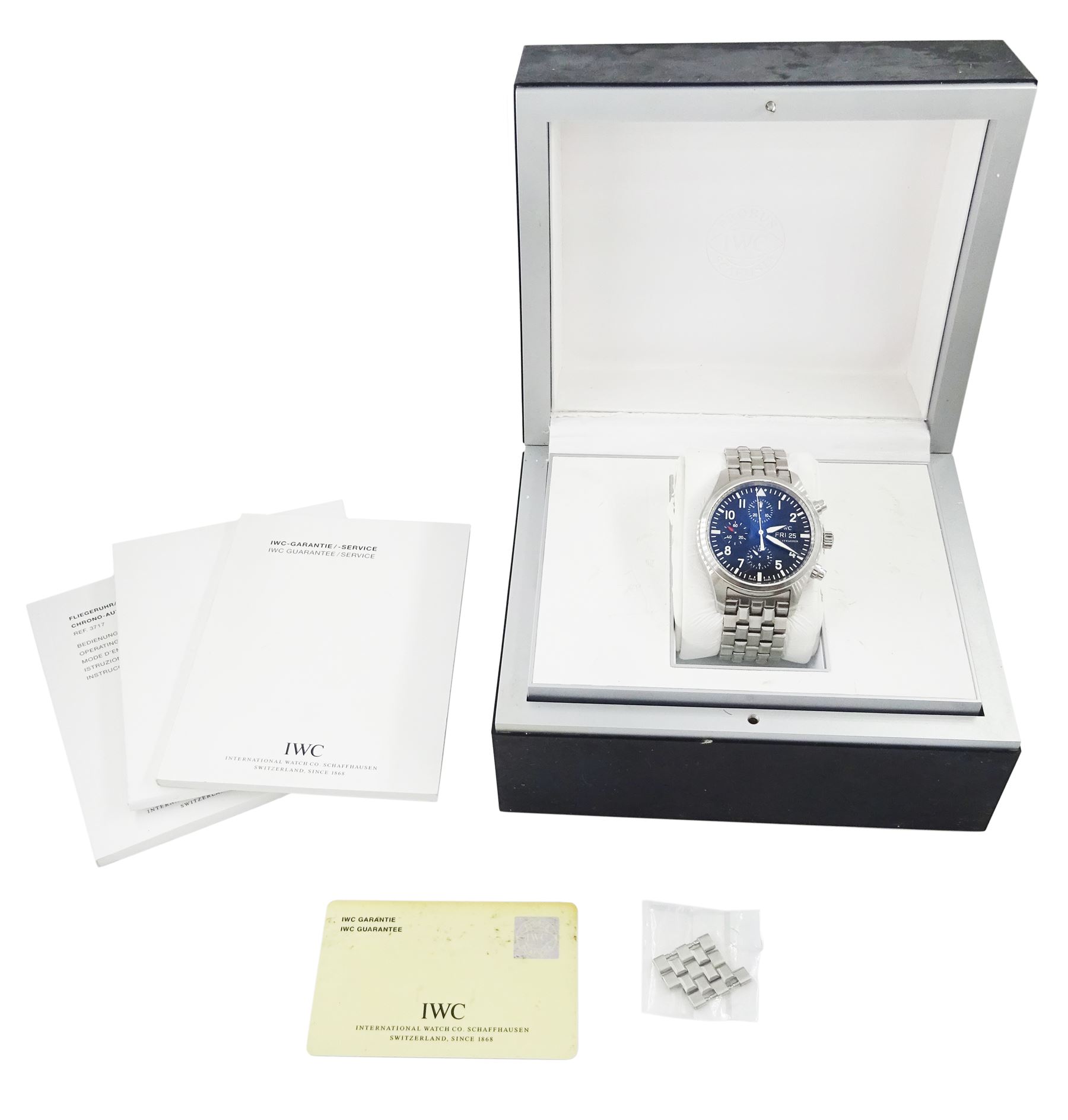 IWC (International Watch Company) Schaffhausen Pilot gentleman's stainless steel automatic chronograph wristwatch, Ref. 371704, serial No. 3362918, black dial with day / date aperture, boxed with additional links and guarantee card dated 2008