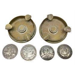 Four post-WW2 'silver' medallions of Adolf Hitler/German interest, two depicting Von Hindenburg also; and pair of 1960s trench art shell case bases as ashtrays mounted with Libyan Five Milliemes coins as cigarette rests (6)