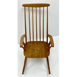 Ercol style elm and beech rocking chair, stick back, turned supports