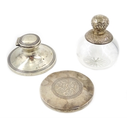  Silver mounted scent bottle with silver screw top, glass stopper, star cut base and acanthus leaf decoration by David & Lionel Spiers Birmingham 1887 11cm, silver inkstand by S Blanckensee & Son Ltd Birmingham 1913 and a silver compact with Arabic inscription dated 1930 10cm (3)  