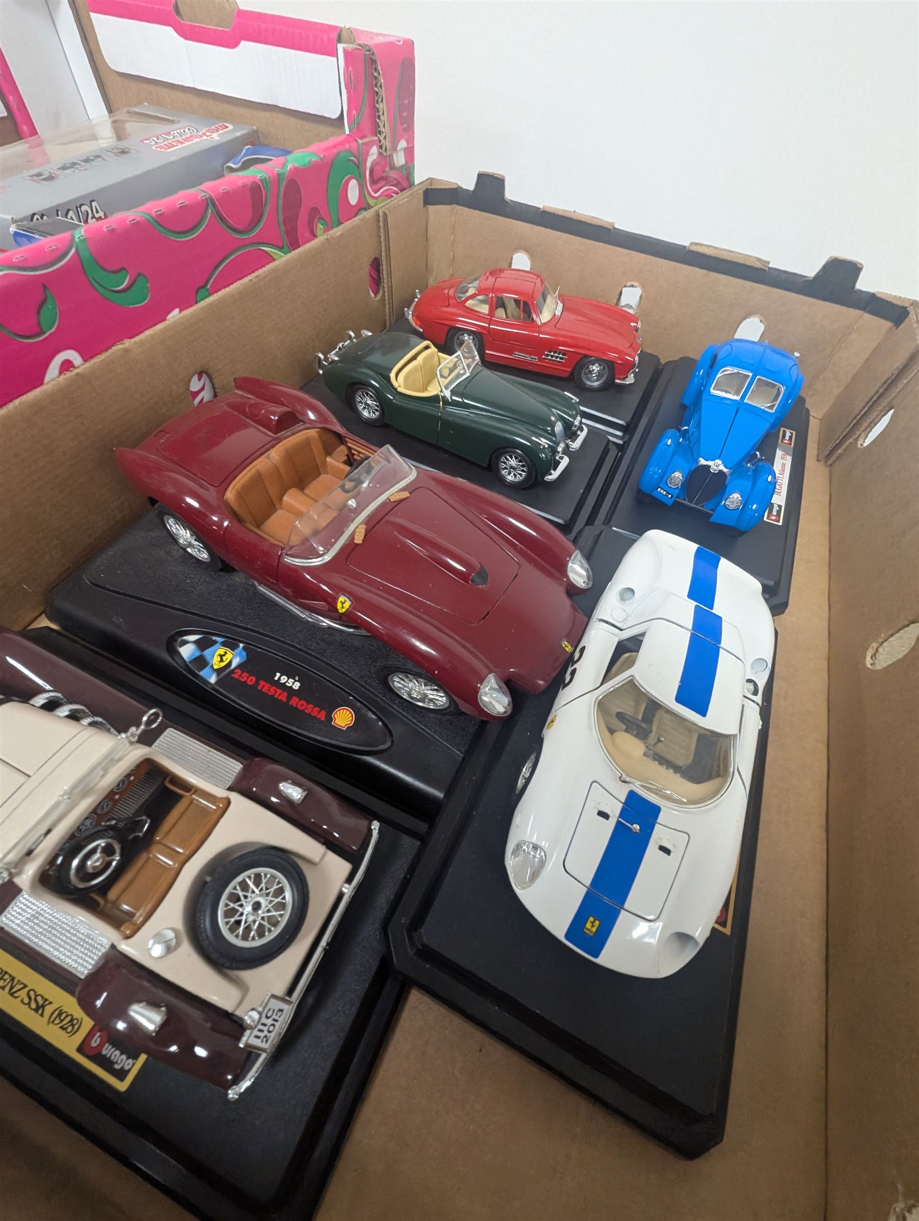 Diecast model vehicles, including Maisto, Majorette and Bburago examples, three boxed the rest loose, different scales, in three boxes