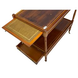 Yew wood drinks trolley, rectangular form with leather inset slide and turned handle, the undertier fitted with drawer, turned supports and brass castors