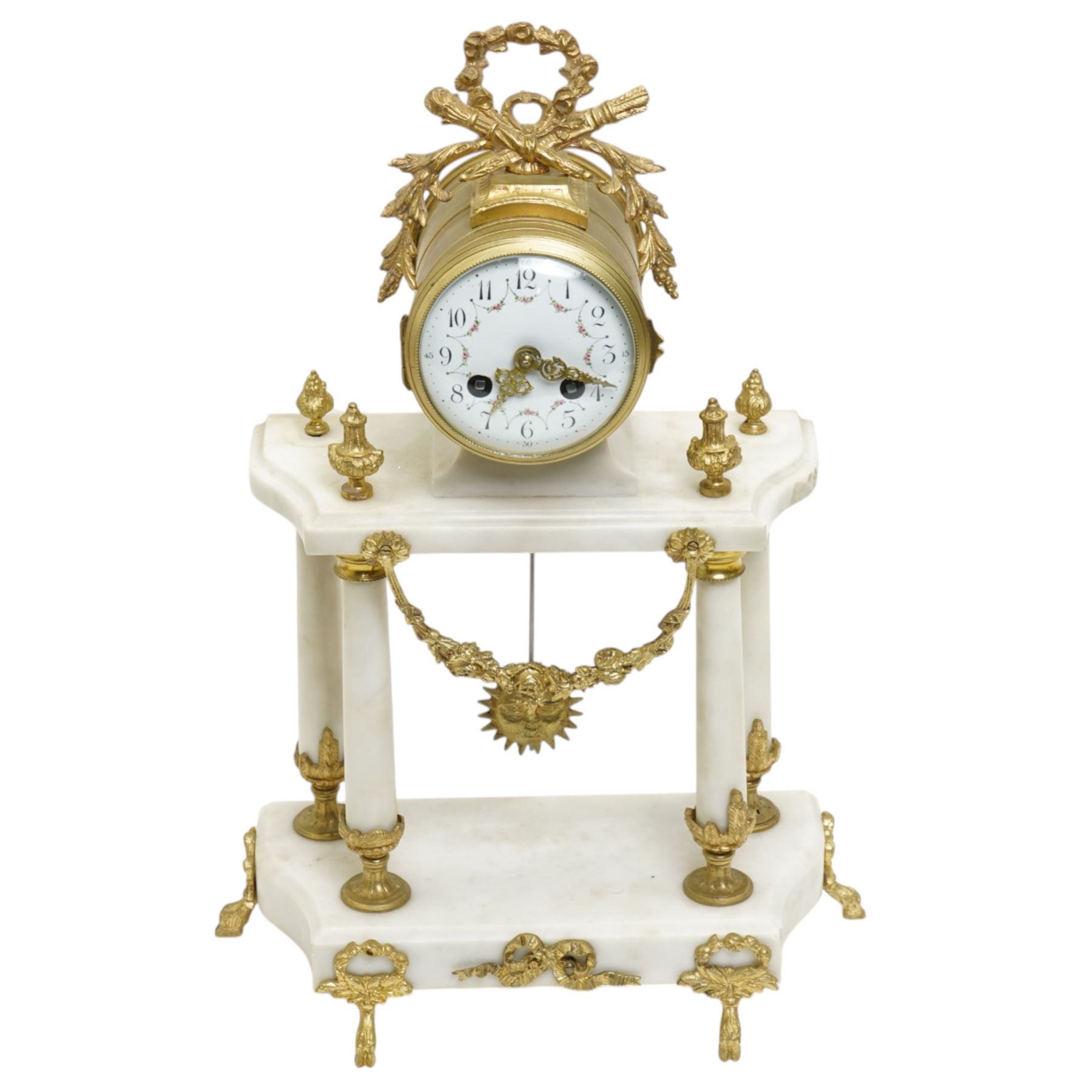French-Early 20th century 8-day white marble and gilt metal striking portico mantle clock and garniture, Parisian drum movement with a white enamel dial, Arabic numerals and garland swags, two train countwheel striking movement sounding the hours and half hours on a bell. With a matching pair of conforming urns with gilt mounts. 