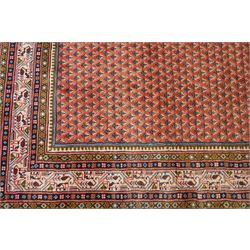 West Persian Boteh-Mir hand-knotted rug, madder red field densely decorated with a repeating lattice of of small boteh motifs arranged in diagonal rows enclosed by a broad border of stylized geometric devices and angular floral ornament between multiple guard stripes with cotton fringe ends