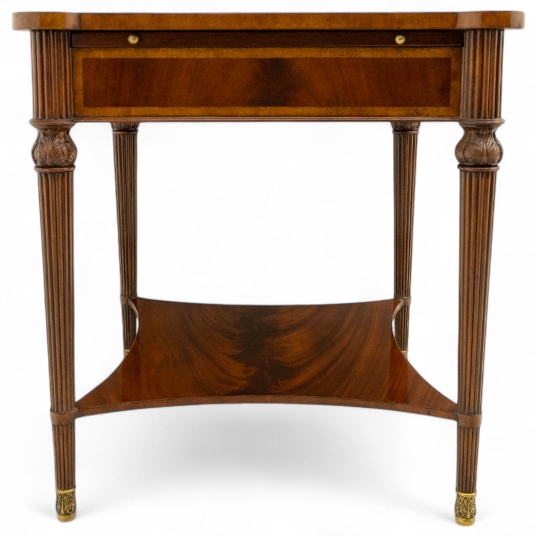 Maitland Smith - Pair of mahogany side tables, the rectangular top with rounded corners, the top edge inlaid with movingui wood, above two under-tier shelves, and frieze drawer, supported on stop-reed and acanthus foliate carved legs united by platform stretcher, raised on brass sabot foot caps
