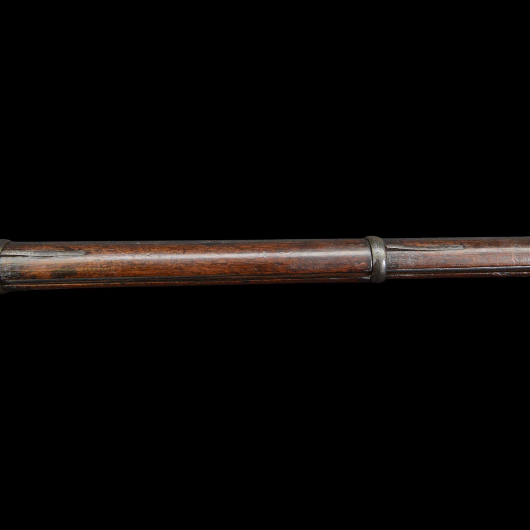 19th century Enfield percussion rifle, the 99cm barrel with three barrel bands, fore sight and rear sight, ramrod under, full walnut stock with brass butt, carrying sling brackets, action marked '1855 Tower' with Victoria cypher, overall L138cm