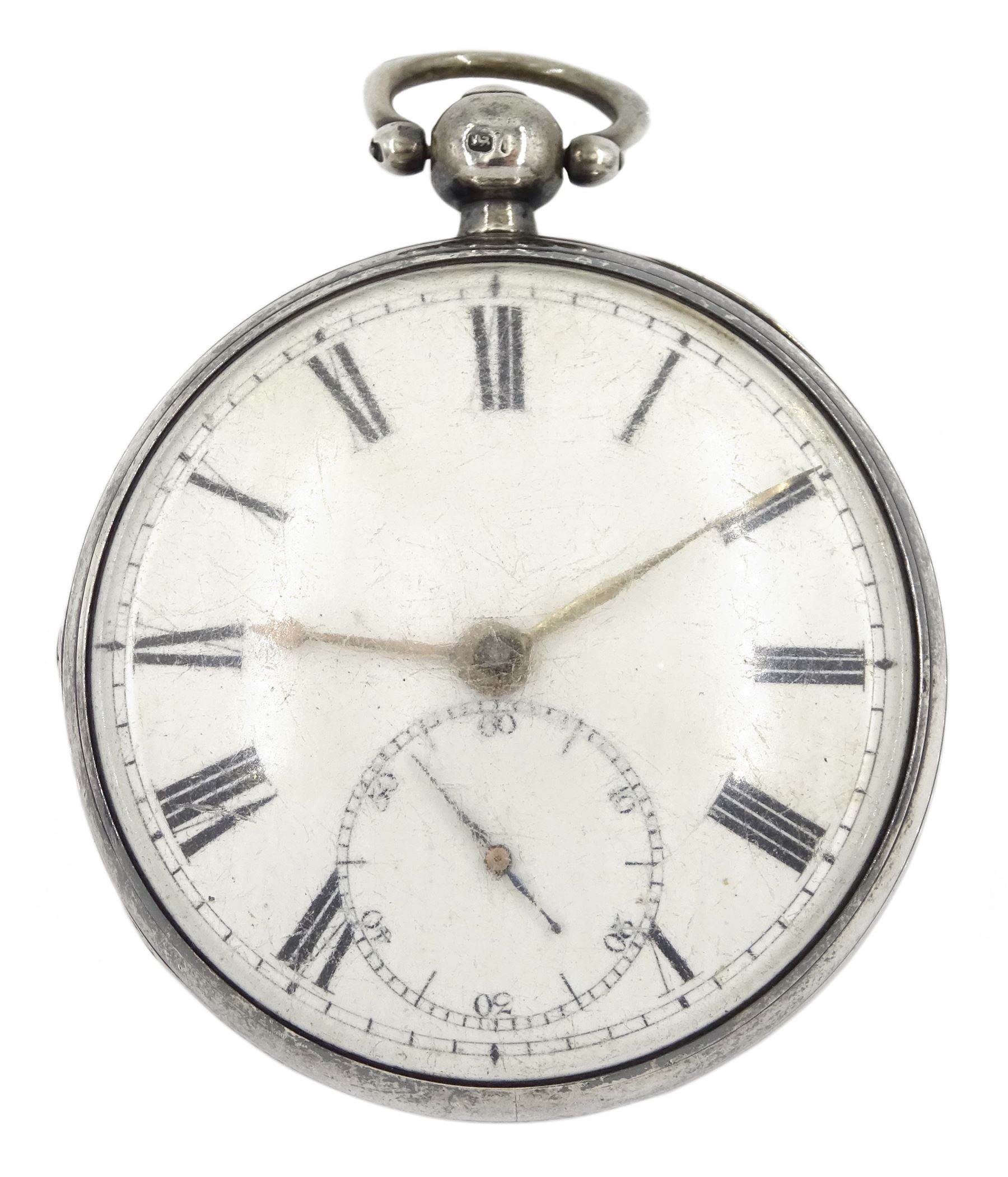 William IV English lever fusee pocket watch by John Morse, Malmesbury, No. 969, round pillars, engraved balance cock decorated with a mask and diamond endstone, white enamel dial with Roman numerals and subsidiary seconds dial, case makers mark J.P, London 1833 