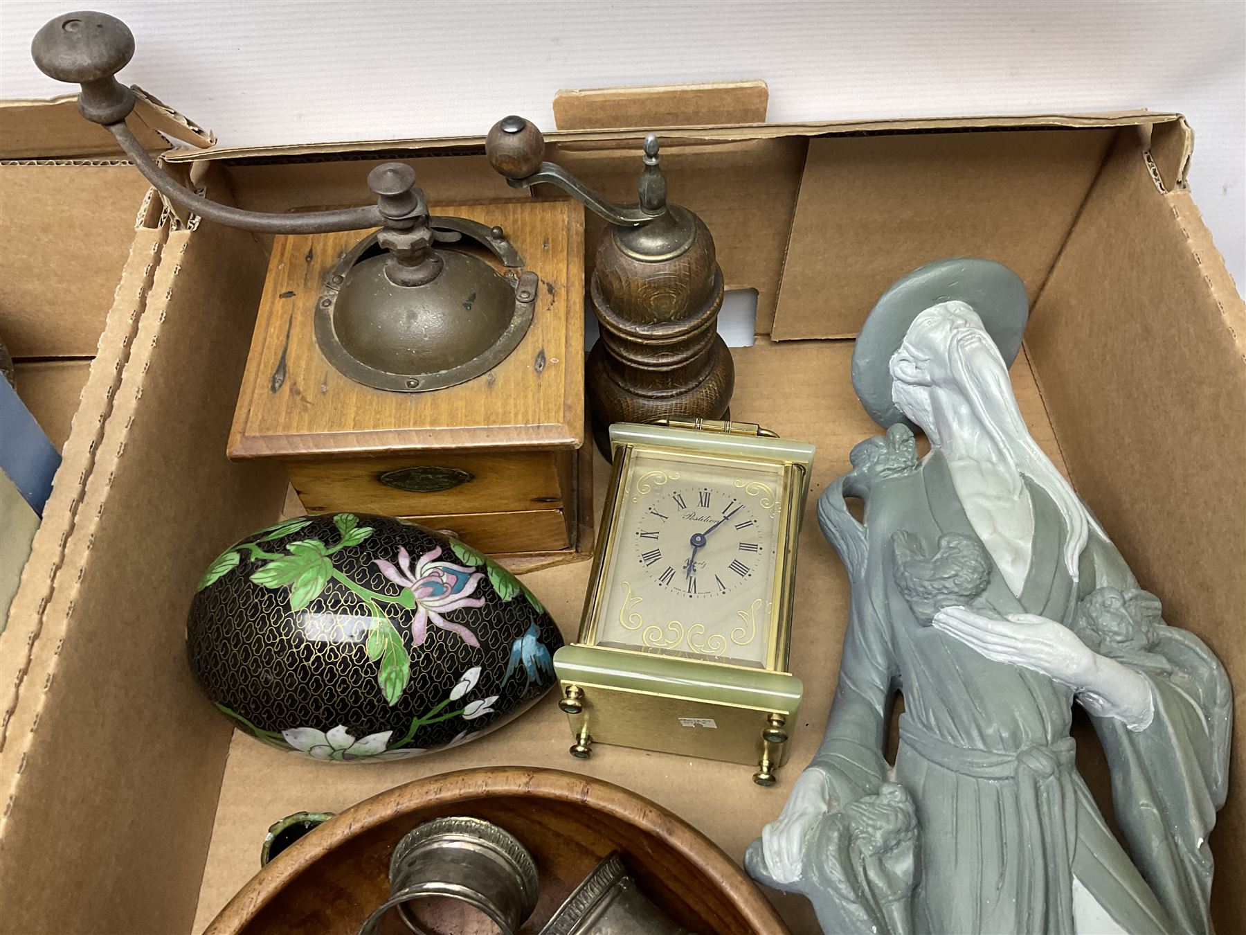 20th century Postilion brass and agate carriage clock with bevelled glass panel, H13cm, Peugeot Freres coffee grinder, silver-plate, figures, quantity of vinyl records, four The Works of William Shakespeare pub Odhams Press, brass lamp etc in three boxes
