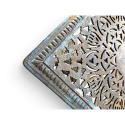 Victorian revival ornate cast iron garden table, pierced square top, pedestal base, finished in distressed blue paint