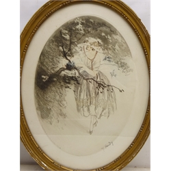  Jean Hardy, Lady Tending to Chicks in a Nest and lady Amongst the Trees, two oval etchings hand coloured, signed and numbered 102/103, pub. Galerie Lutetia, Paris 51cm x 39cm (2)  