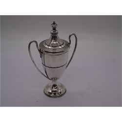 Small mid 20th century silver twin handled trophy of urn form, with cover, hallmarked Walker & Hall, Sheffield 1937, H11.5cm, approximate weight 2.78 ozt (86.6 grams)
