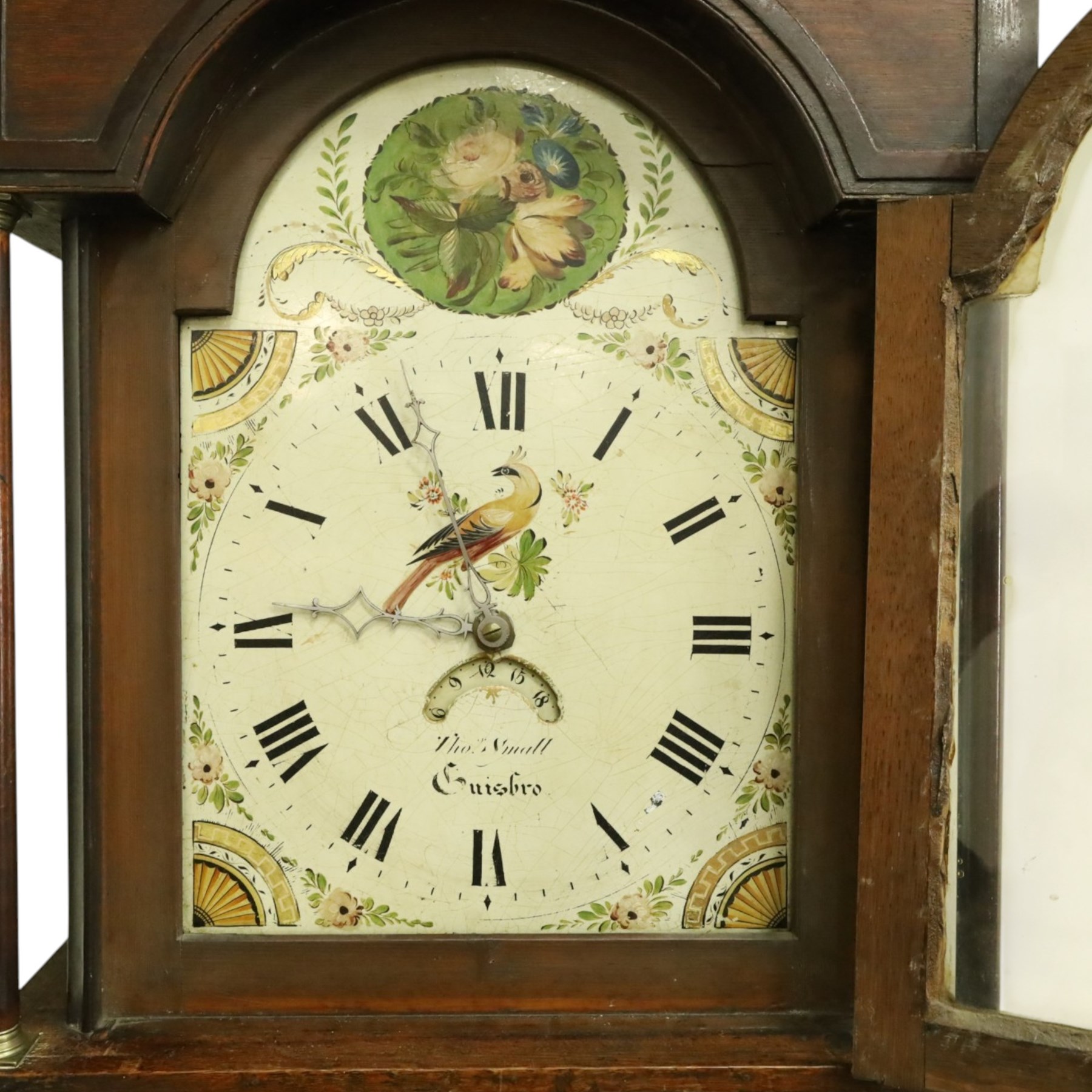 Thomas Small of Guisborough - George III oak eight-day longcase clock, the painted arched dial with calendar aperture, bird and floral decoration, the case with pierced fretwork broken swan-neck pediment and pilasters, reeded canted sides flanking arched trunk door