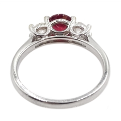 18ct white gold three stone ruby and diamond ring, hallmarked, ruby approx 0.95 carat