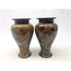  Pair Royal Doulton stoneware baluster form vases decorated in the Natural Foliage pattern, impressed marks, H22cm  
