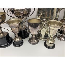 Collection of pewter and silver-plated trophy cups and presentation tankards, largest H28cm
