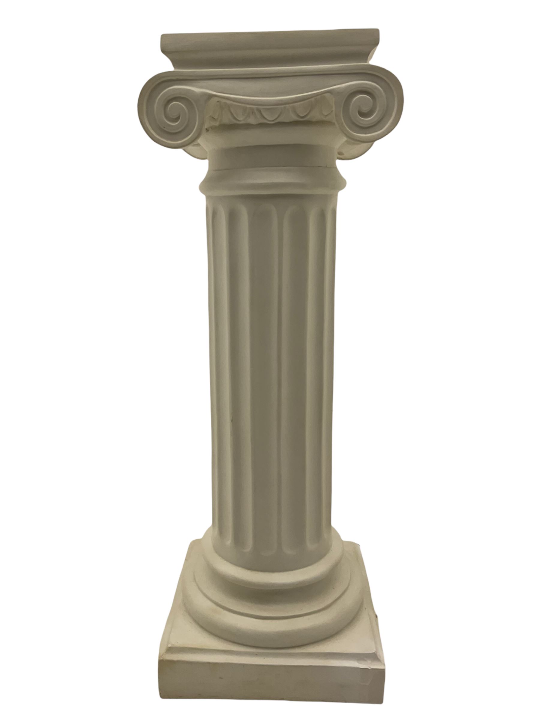 Classical Ionic style column in white finish with scrolled capital, fluted body on moulded plinth base (H97cm), and a similar small column stand (H68cm)