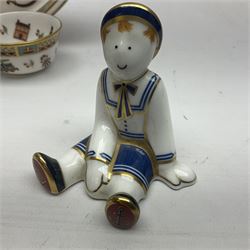 Royal Crown Derby Treasures of Childhood cabaret set, comprising tray, milk jug, sucrier, teacup and saucer, together with two Royal Crown Derby Treasures of Childhood paperweights Fleur and Ragdoll Sailor and Teddy bear paperweight, all paperweights are without stoppers