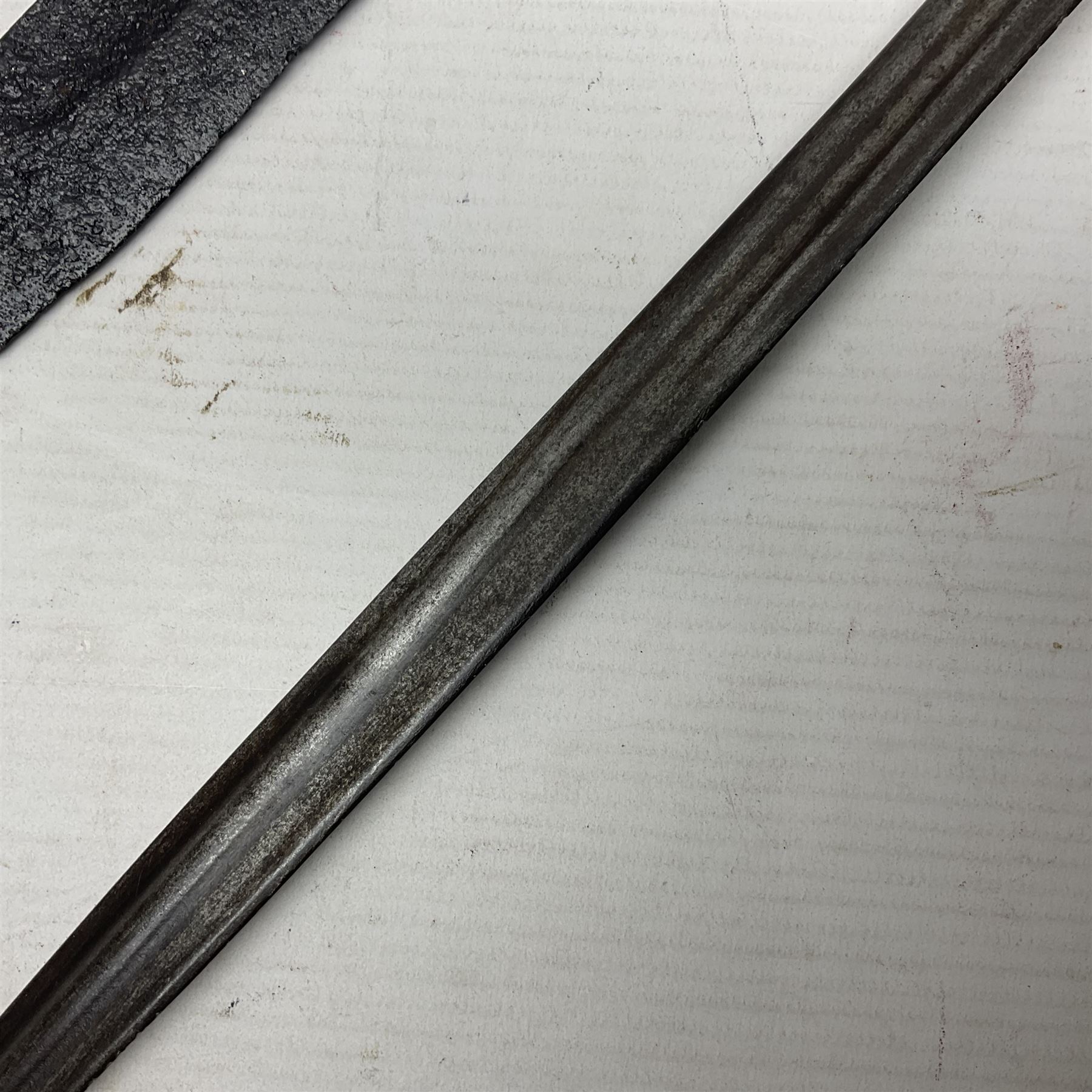 WWI Prussian S98 bayonet with 52cm fullered steel blade dated 1906 to pipeback and marked Solingen to ricasso, regimentally stamped to cross guard 56.R.11.2. for 56 Infanterie Regiment, 11 Kompanie, Waffe 2, L65cm overall; and another in battlefield relic condition (2)