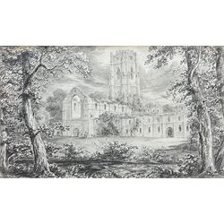 English School (Early 19th century): 'Fountains Abbey', pencil sketch titled unsigned 13cm x 22cm; 'A Fishing Match', Victorian hand coloured engraving pub. 1875, 24cm x 30cm (2)