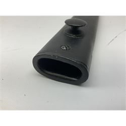 British Army L1A3 SLR Self Loading Rifle bayonet, with 20.5cm Bowie type fullered blade, hooked pommel with working push release button, grip secured by two deeply recessed rivets and marked L1A3 9600257 D71; in matching black scabbard L32.5cm overall