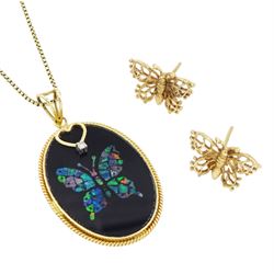 18ct gold black onyx with opal inlay butterfly and diamond pendant, on a 14ct gold box link chain necklace and a pair of 9ct gold butterfly stud earrings