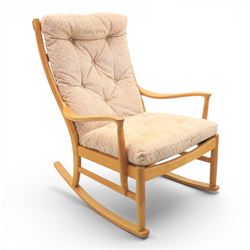Parker Knoll -model '480' rocking beechwood chair, loose seat cushions above an elasticate...