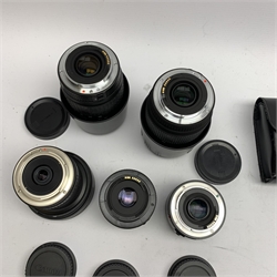 Two Canon camera bodies 'Canon EOS 350D Digital' and 'Canon EOS 1000', five camera lenses including Sigma, Yongnuo and Canon and various other camera accessories 