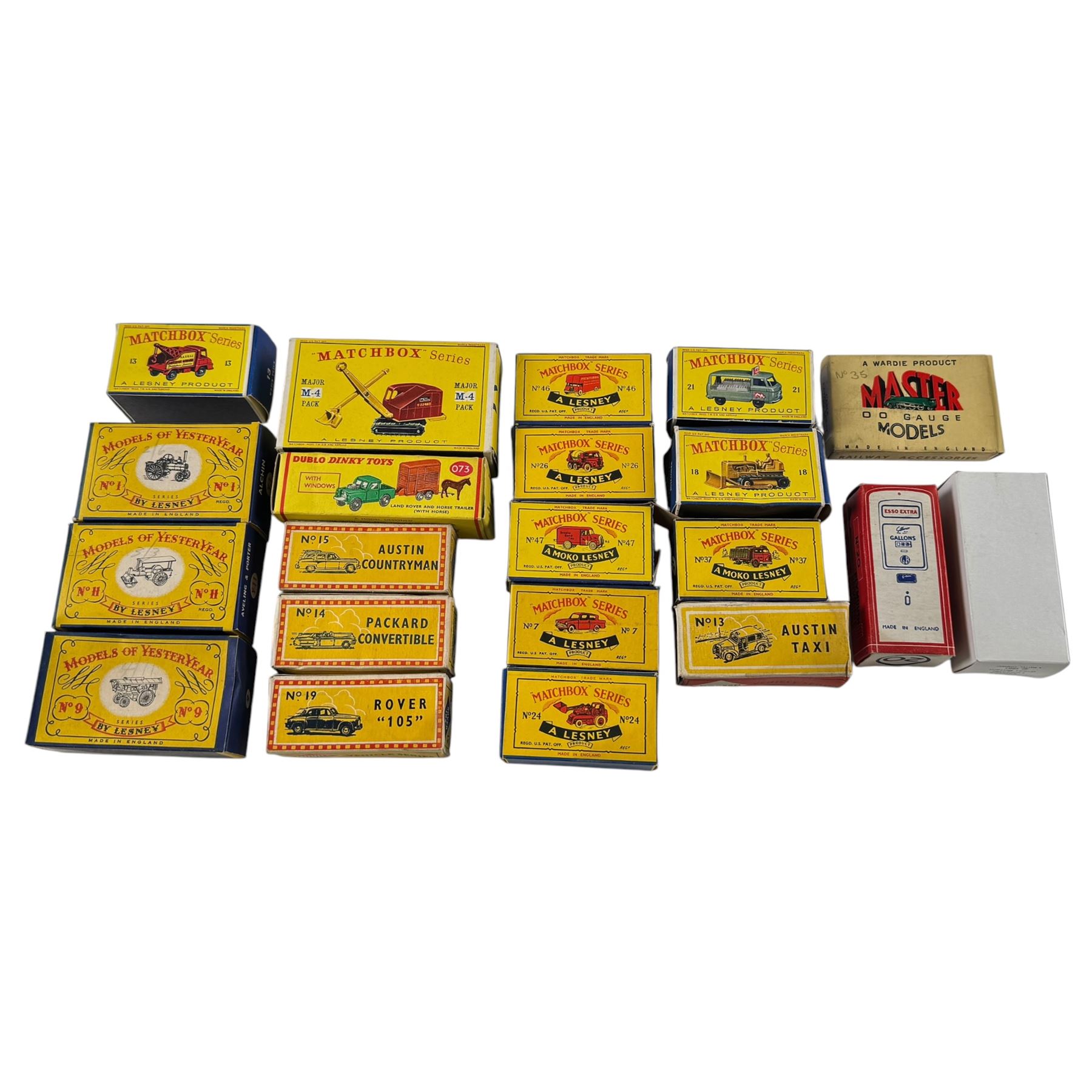 Collection of die cast model cars, trucks and trains, including Maisto Supercar Collection, Matchbox Models of Yesteryear, Matchbox Series, Dublo Dinky Toys and Cameo from Corgi The Village Collection, mostly boxed