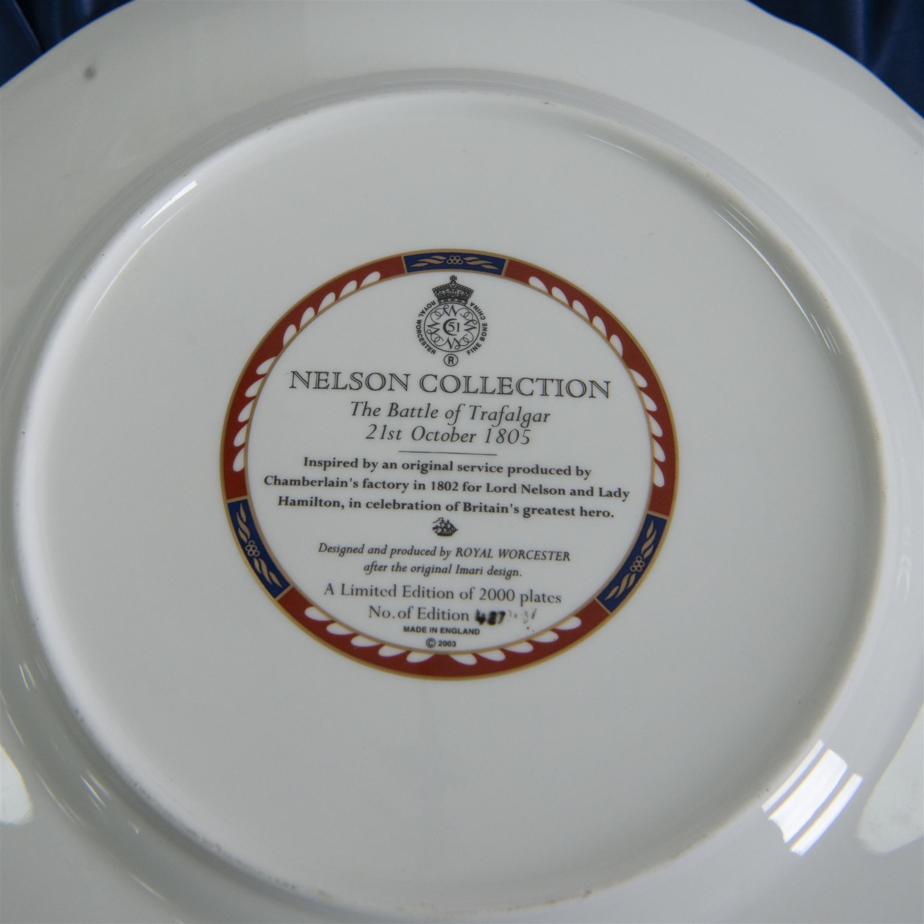 Royal Worcester seven Nelson collection plates, limited edition, comprising two Battle of Cape St Vincent, two Battle of Trafalgar, two Battle of Copenhagen and Battle of the Nile, all with certificates and original boxes 