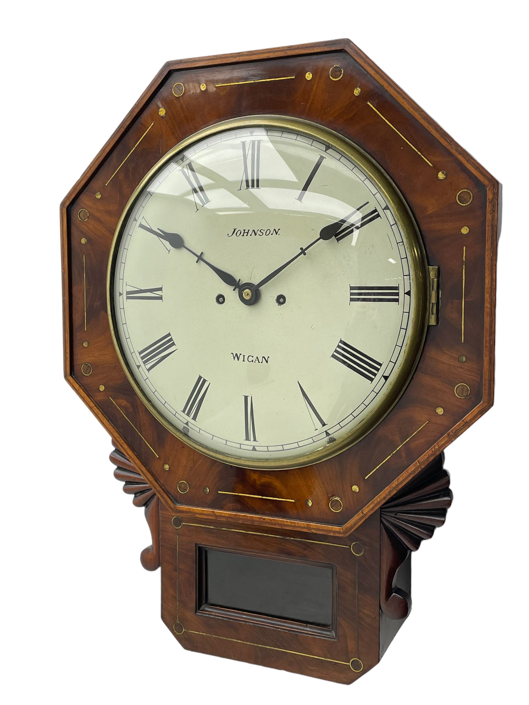 Charles Johnson of Wigan - mid-19th century twin fusee mahogany drop-dial wall clock, with an octagonal dial surround with brass inlay, carved fan ears to the glazed box with pendulum adjustment door, 12